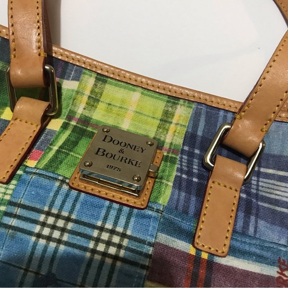 Dooney & Bourke Picnic Ant Colorful Spring Plaid Fabric Leather Satchel Purse - Picture 6 of 9
